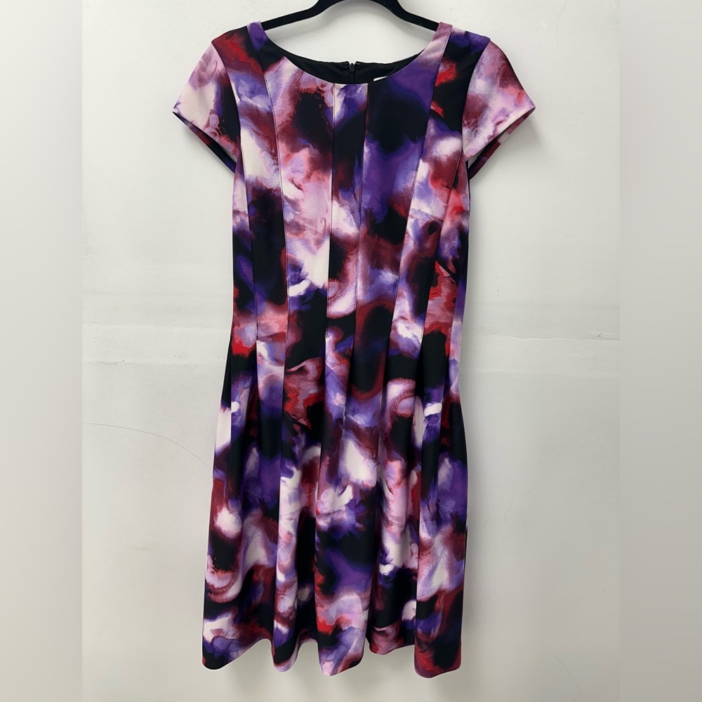 Calvin Klein Pink Red Purple Watercolor Scuba Fit and Flare Seamed Dress